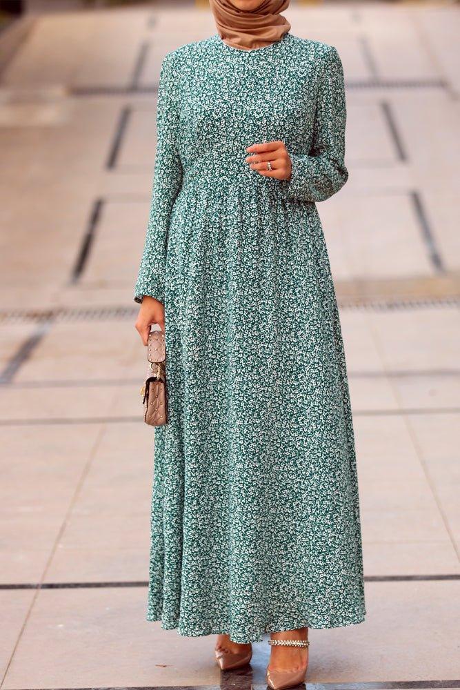 Floral-print cotton maxi dress in green with long sleeve - ANNAH HARIRI