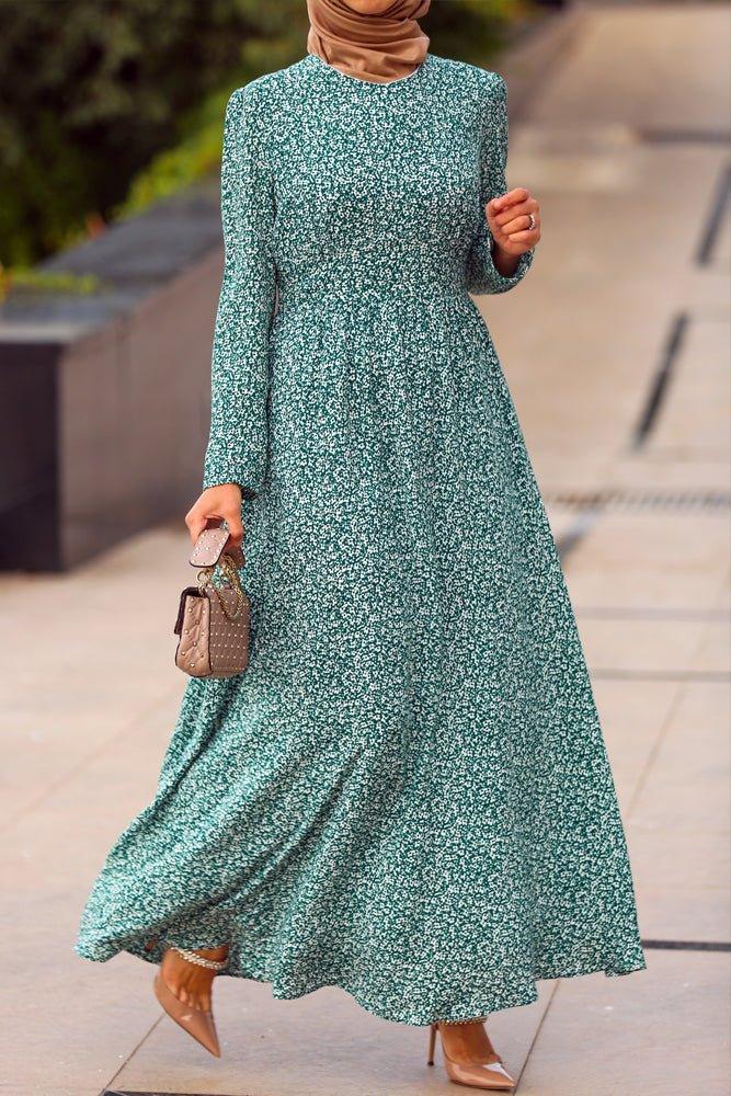 Floral-print cotton maxi dress in green with long sleeve - ANNAH HARIRI