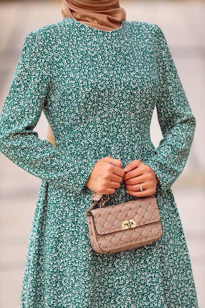 Floral-print cotton maxi dress in green with long sleeve - ANNAH HARIRI