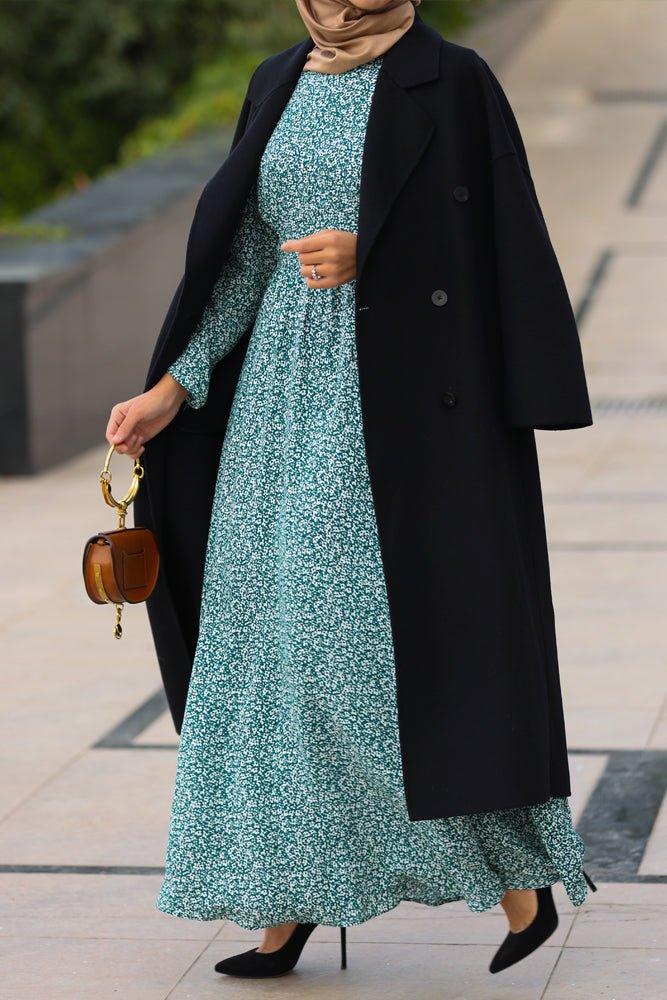 Floral-print cotton maxi dress in green with long sleeve - ANNAH HARIRI