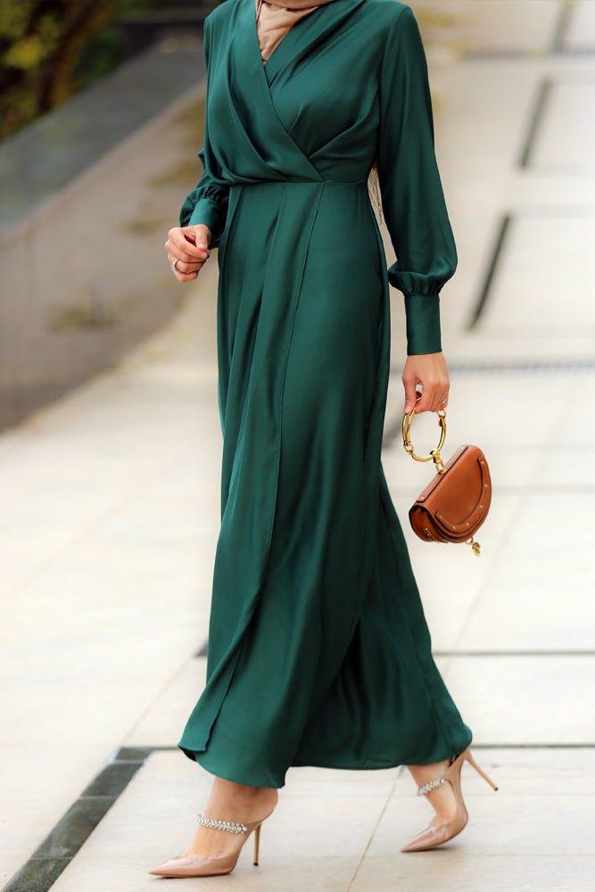 Flounce satin long sleeve wrap maxi dress in ash green - ANNAH HARIRI