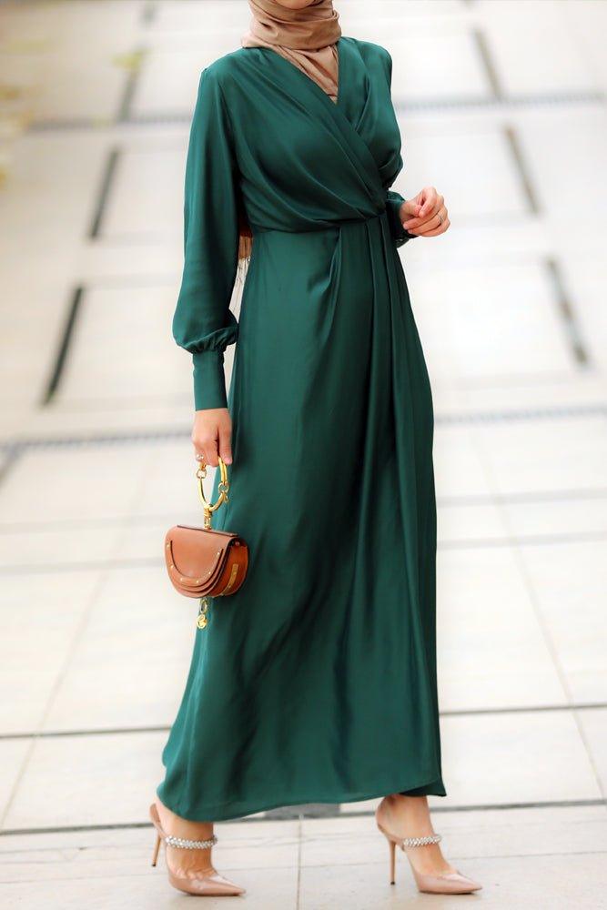 Flounce satin long sleeve wrap maxi dress in ash green - ANNAH HARIRI
