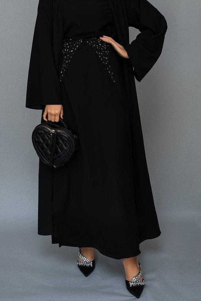 Detailed sleeve design of Frasiah 3-Piece Black Abaya with Embroidery