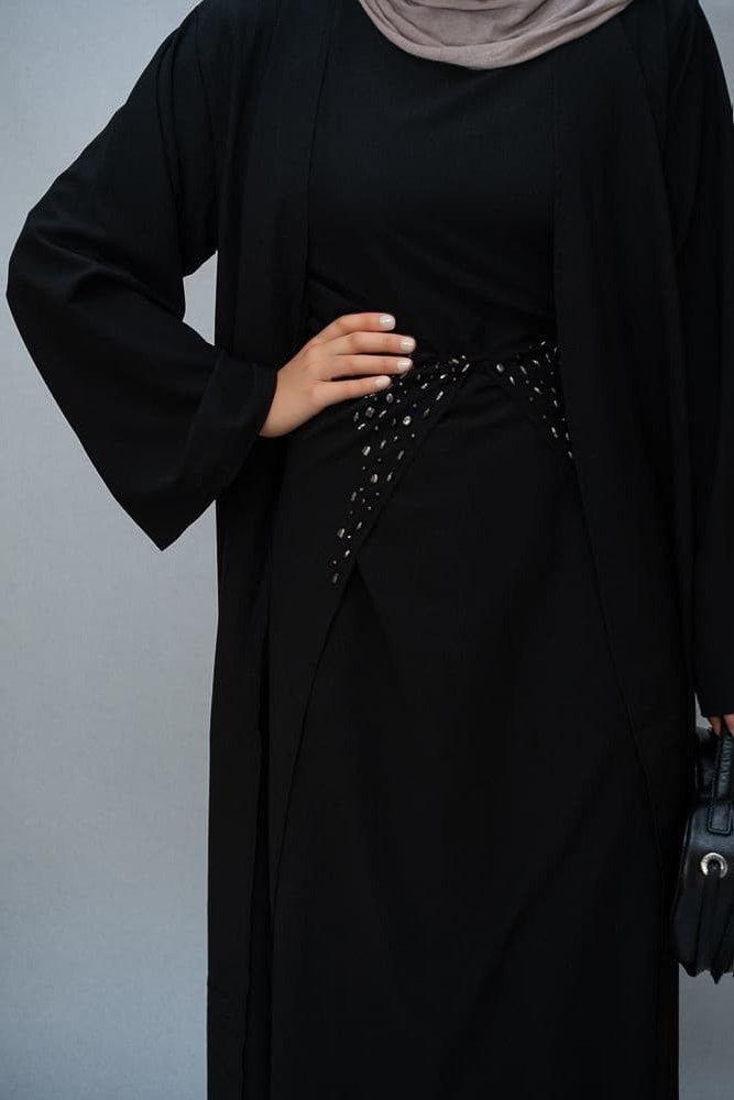 Closeup of intricate embroidery on Frasiah 3-Piece Black Abaya