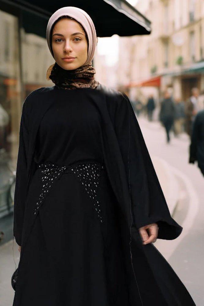 Back view of Frasiah 3-Piece Black Abaya with Embroidery