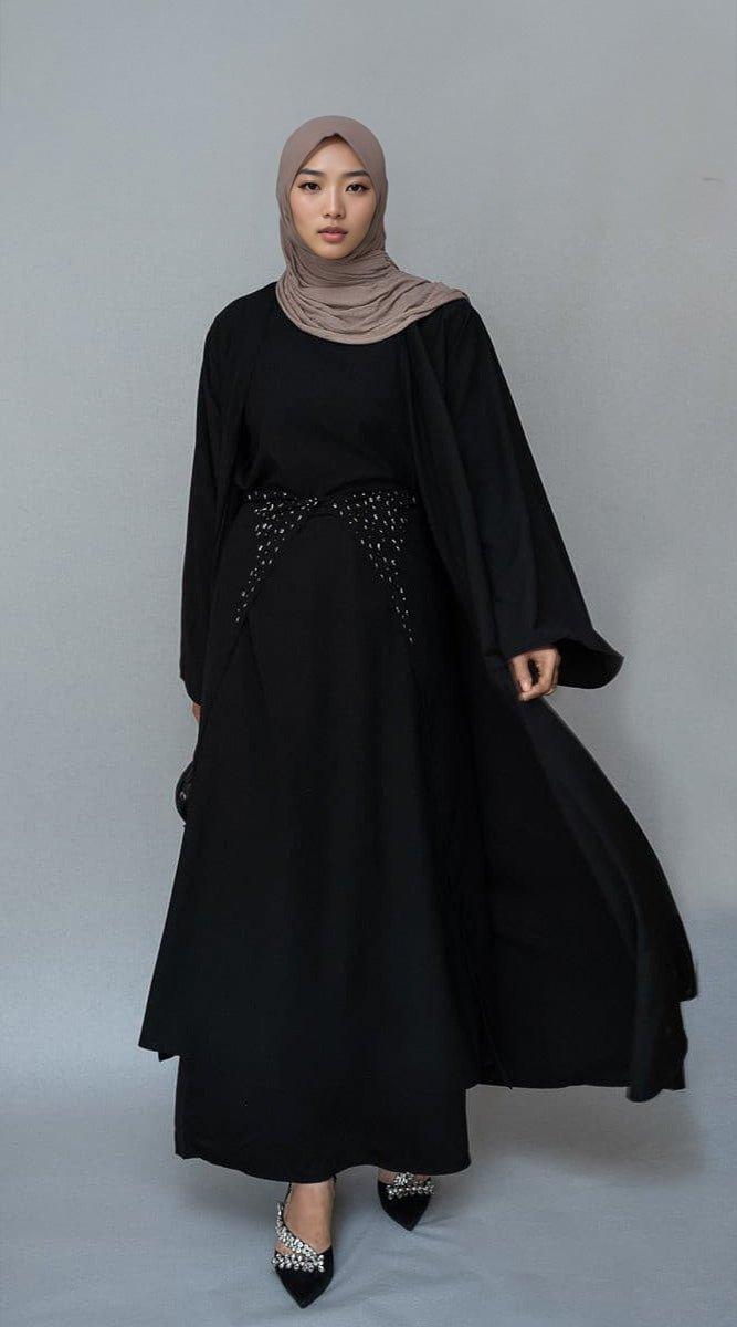 Front view of Frasiah 3-Piece Black Abaya with Embroidery