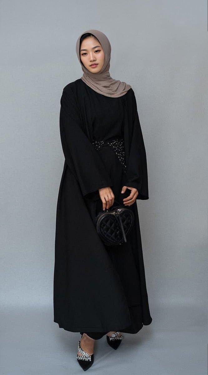 Side view of Frasiah 3-Piece Black Abaya with Embroidery