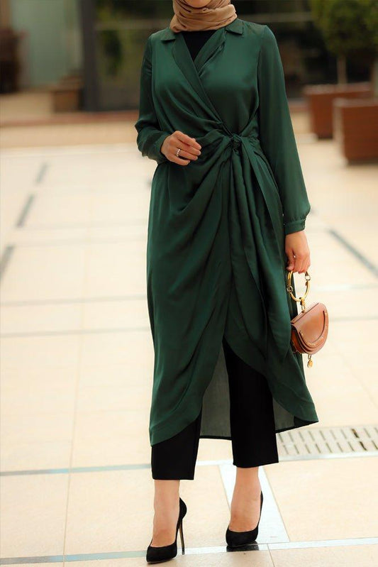 Freya satin wrap midi tunic in green with long sleeve - ANNAH HARIRI