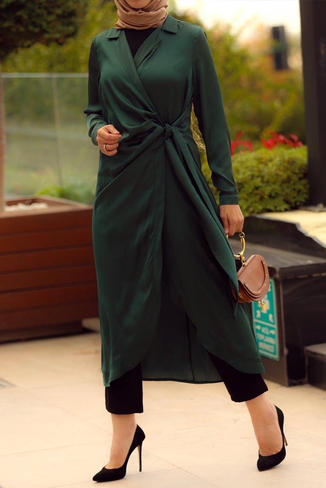 Freya satin wrap midi tunic in green with long sleeve - ANNAH HARIRI