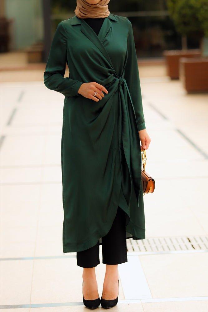 Freya satin wrap midi tunic in green with long sleeve - ANNAH HARIRI