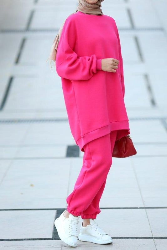 Fuchsia pink Oversized boxy sweatshirt set with track pants - ANNAH HARIRI