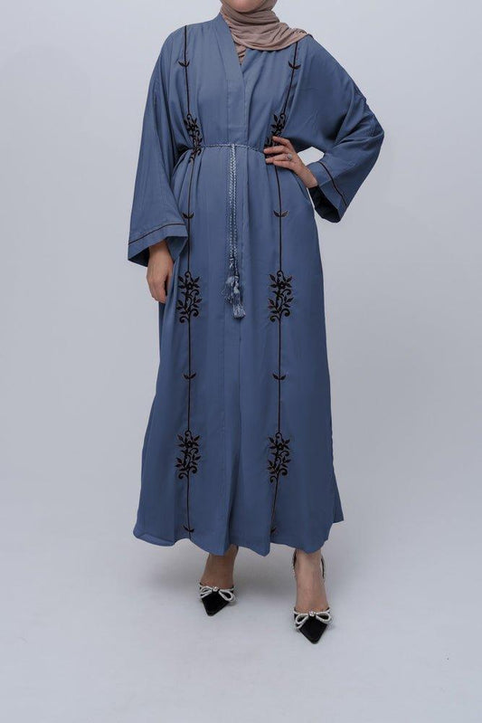 Gray Eedith embroidered abaya with tassel belt and kimono sleeves details Eid occasion abaya - ANNAH HARIRI