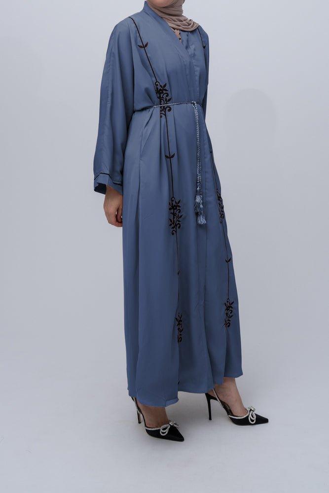 Gray Eedith embroidered abaya with tassel belt and kimono sleeves details Eid occasion abaya - ANNAH HARIRI