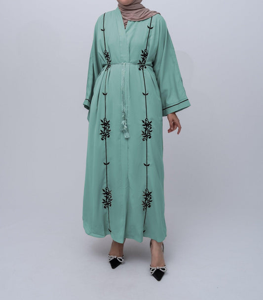 Green Eedith embroidered abaya with tassel belt and kimono sleeves details Eid occasion abaya - ANNAH HARIRI