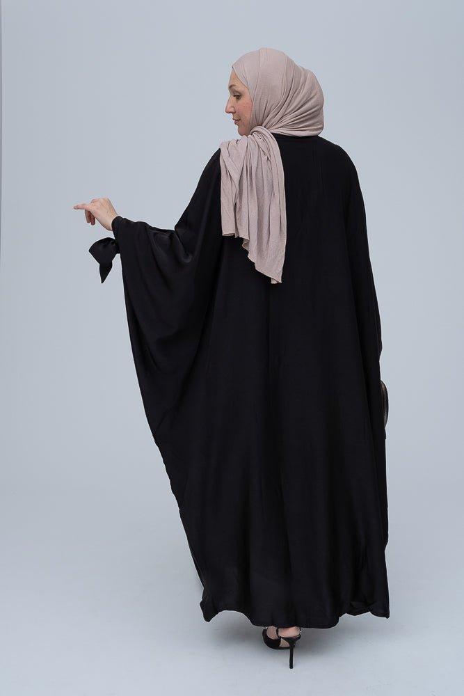 Ikella black batwing abaya with buttons and bow sleeve details - ANNAH HARIRI