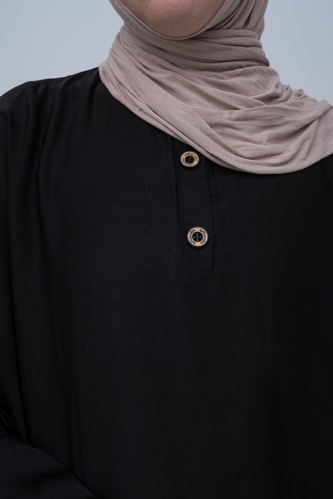 Ikella black batwing abaya with buttons and bow sleeve details - ANNAH HARIRI