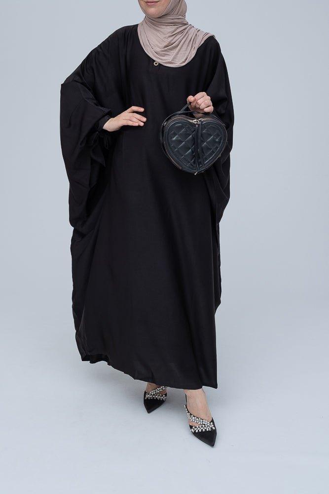 Ikella black batwing abaya with buttons and bow sleeve details - ANNAH HARIRI