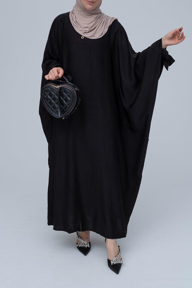 Ikella black batwing abaya with buttons and bow sleeve details - ANNAH HARIRI