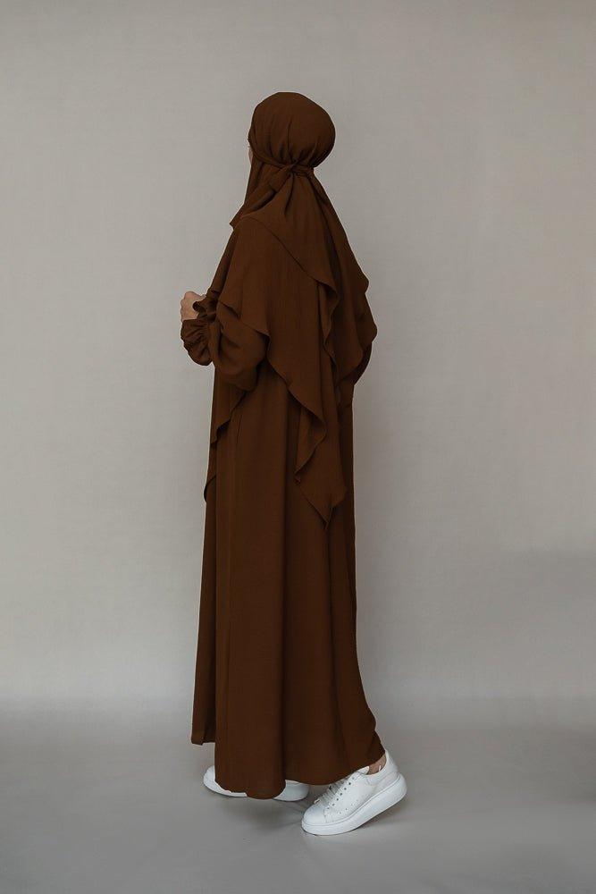 Back view of Kalean Travel Abaya Dress in coffee color