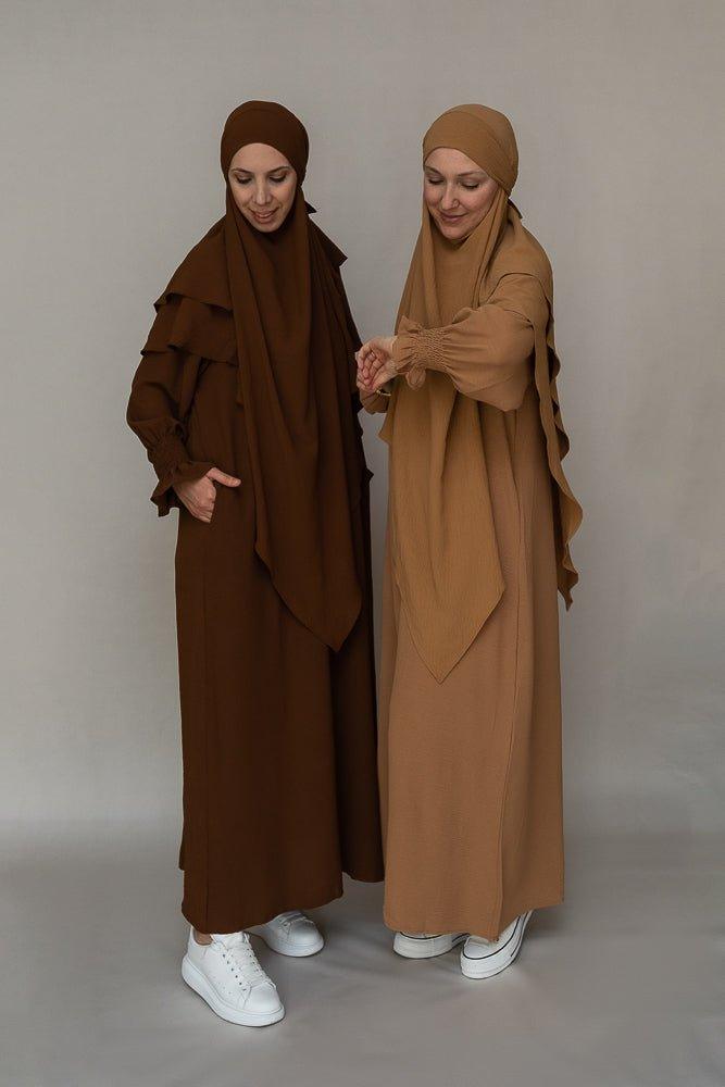 Front view of Kalean Travel Abaya Dress in coffee color