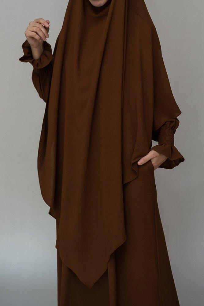 Full-length view of Kalean Travel Abaya Dress in coffee