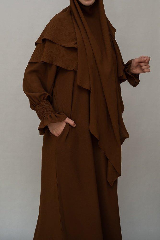 Pocket detail on Kalean Travel Abaya Dress in coffee color