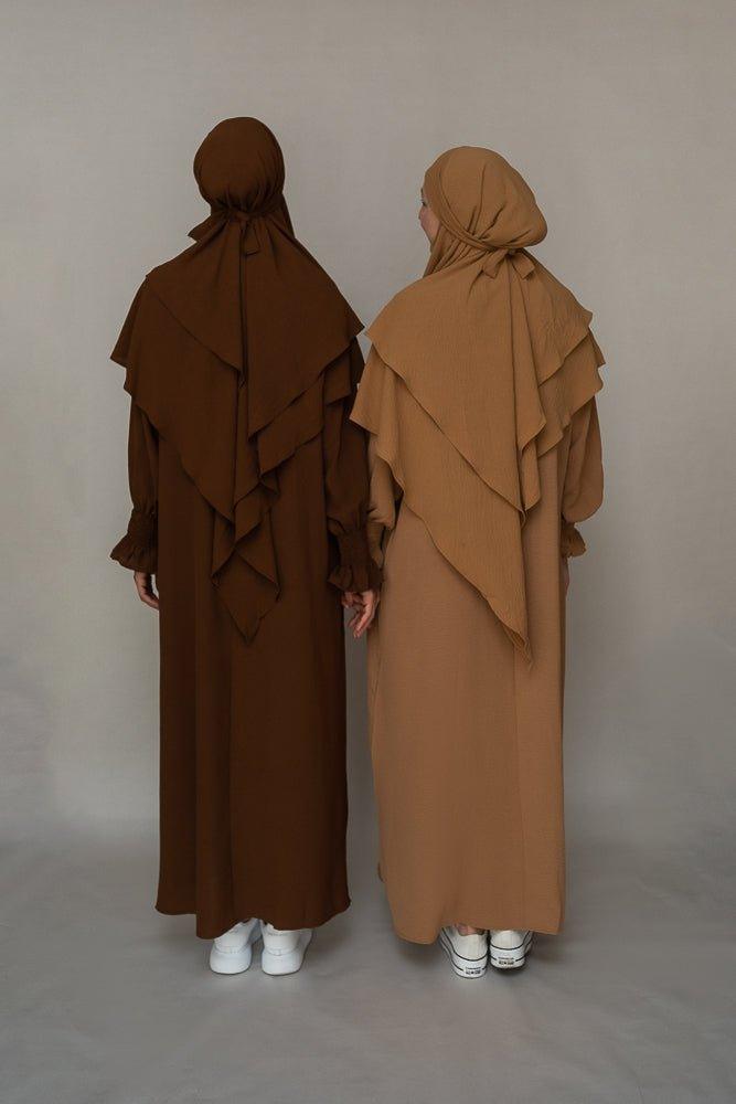 Kalean Travel Abaya Dress in coffee paired with a khimar