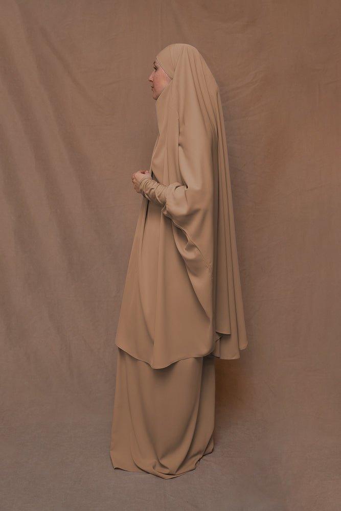 Khaki Moira prayer Umrah gown with niqab feature - ANNAH HARIRI