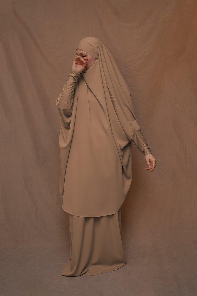 Khaki Moira prayer Umrah gown with niqab feature - ANNAH HARIRI