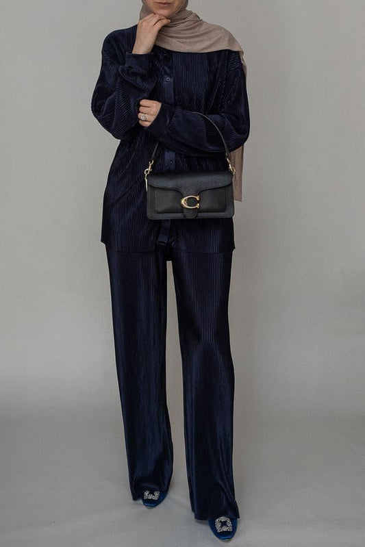 Kibaar pleated modest set with pants and shirt in navy dark blue - ANNAH HARIRI