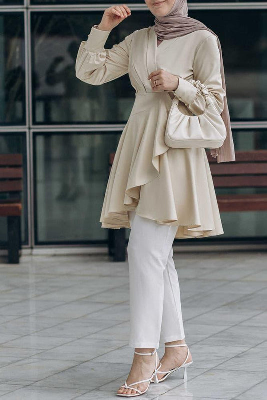 Laurel modest tunic with maxi sleeve and uneven cut in beige - ANNAH HARIRI