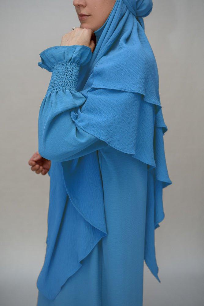 Round neckline detail of Light Blue Non-Wrinkling Maxi Dress