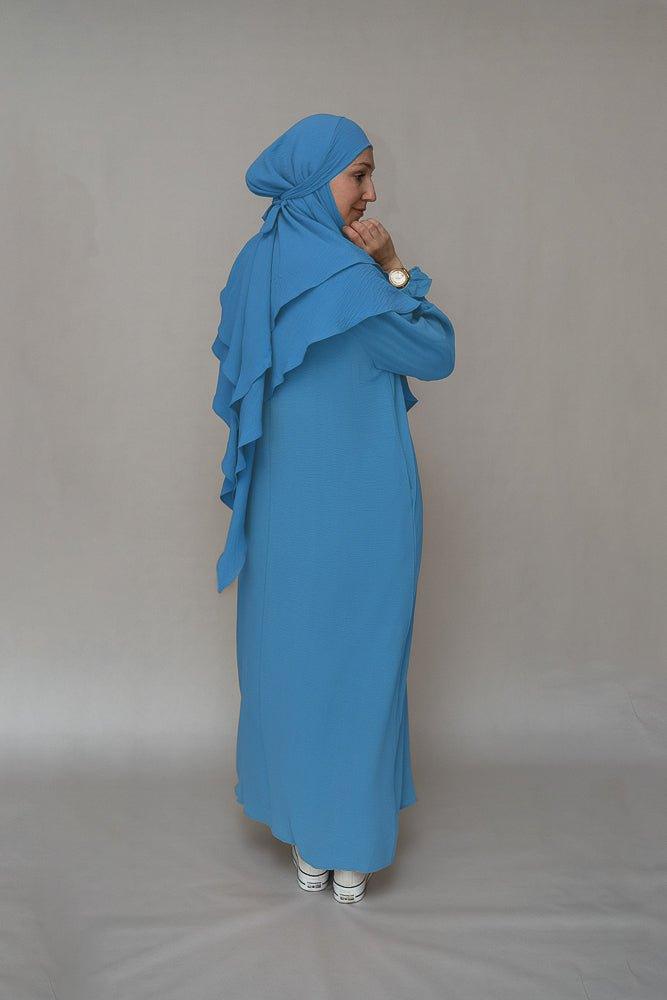 Side view of Light Blue Non-Wrinkling Maxi Dress showing fit