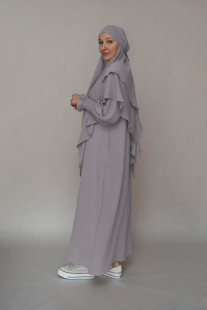 Back view of Light Gray Non-Wrinkle Abaya Dress with modest coverage