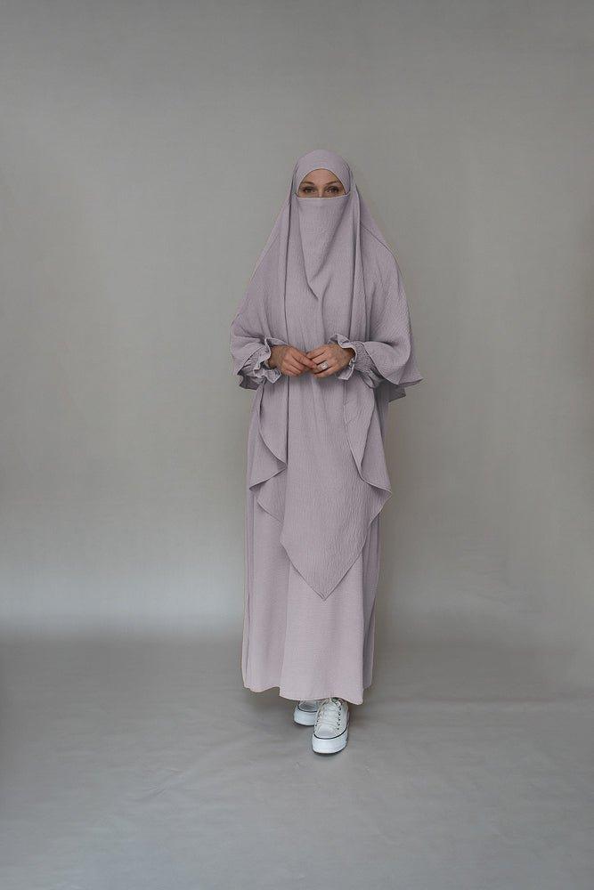 Front view of Light Gray Non-Wrinkle Abaya Dress by Annah Hariri