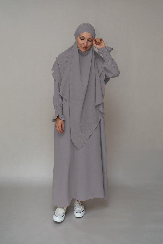 Side view of Light Gray Non-Wrinkle Abaya Dress showcasing the A-line cut