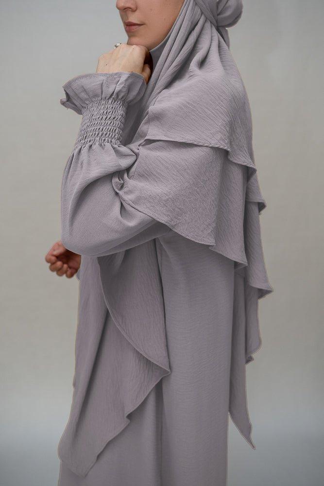 Close-up of the sleeve cuff details on Light Gray Non-Wrinkle Abaya Dress