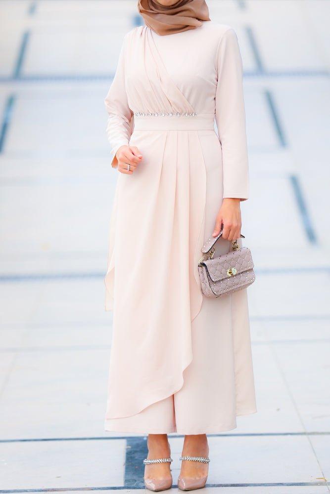 Lorna long sleeve jumpsuit with attached chiffon embellished bodice and skirt in beige - ANNAH HARIRI