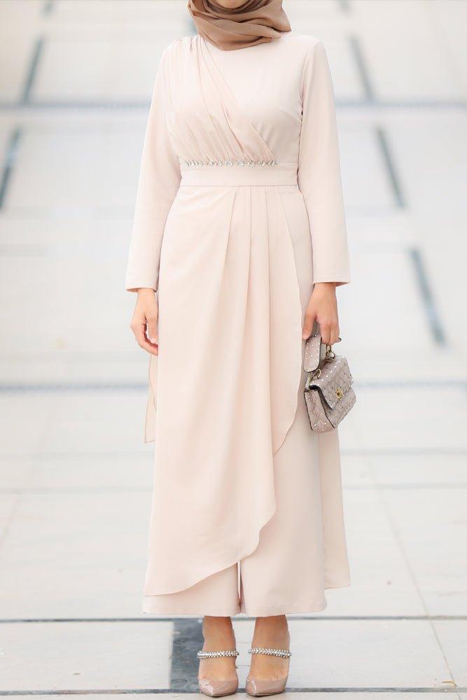 Lorna long sleeve jumpsuit with attached chiffon embellished bodice and skirt in beige - ANNAH HARIRI