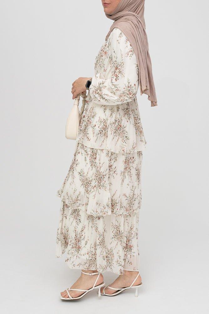 Loulou chiffon floral maxi dress long sleeve lined with cotton wit pleated three tier skirt - ANNAH HARIRI