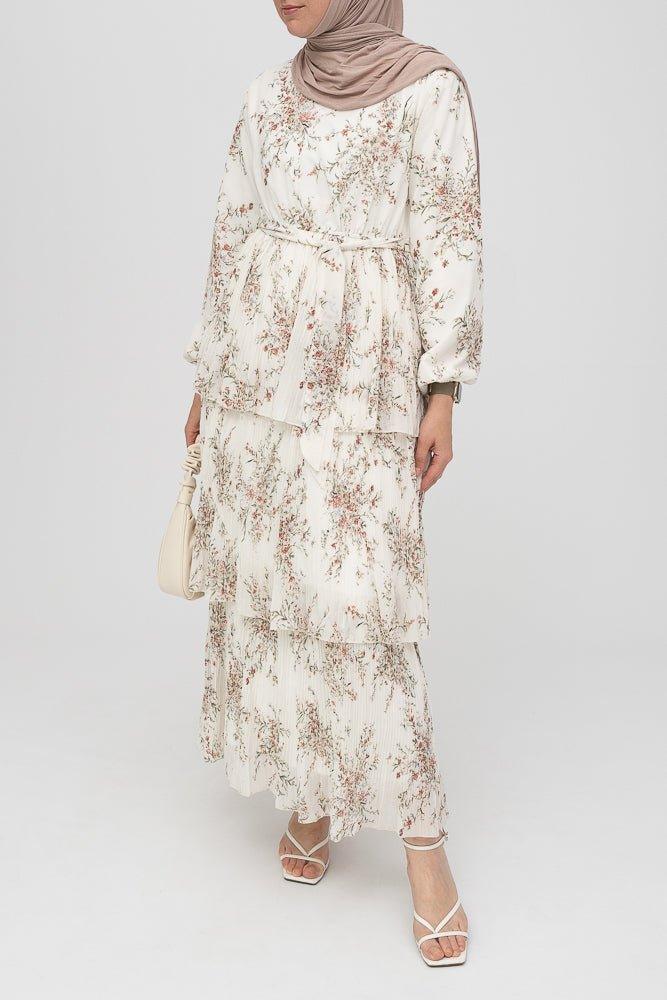 Loulou chiffon floral maxi dress long sleeve lined with cotton wit pleated three tier skirt - ANNAH HARIRI