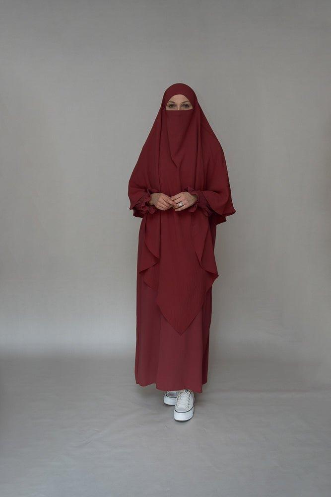 Front view of the Maroon Non-Wrinkle Maxi Dress by Annah Hariri