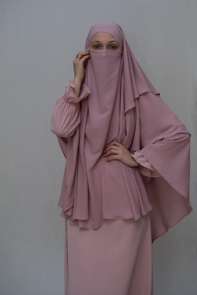 Matching hijab with the Elegant Pink Abaya Set by Annah Hariri