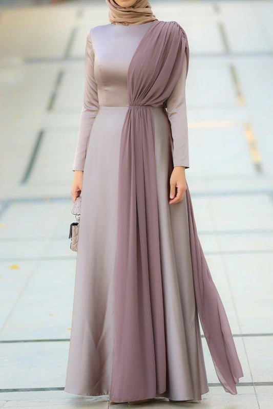 Mink satin maxi dress with long sleeve and chiffon bodice piece - ANNAH HARIRI