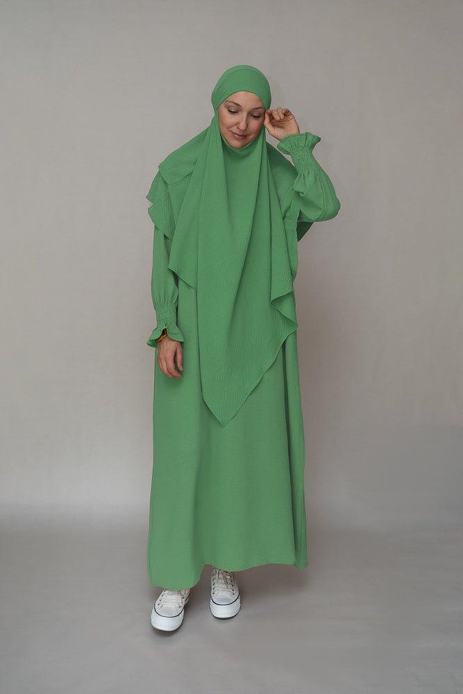 Modest round neckline on the Mint Green Non-Wrinkling Gown