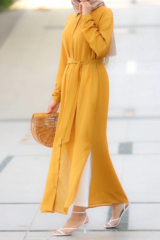 Mustard Belted Tunic Close-Up
