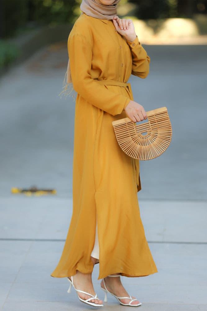 Mustard Belted Tunic Walking View