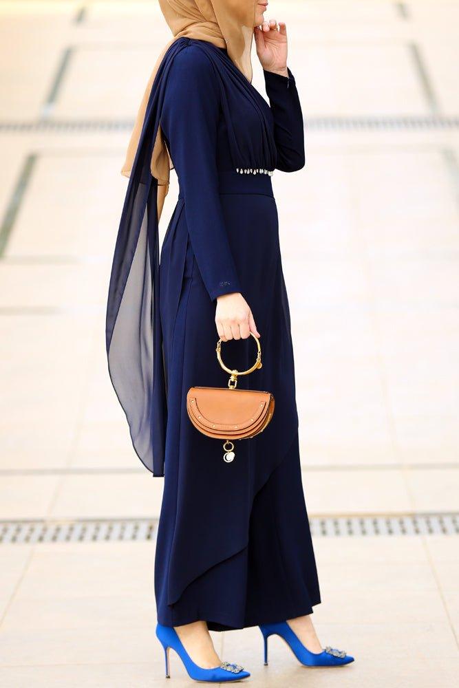 Back view of navy blue modest jumpsuit