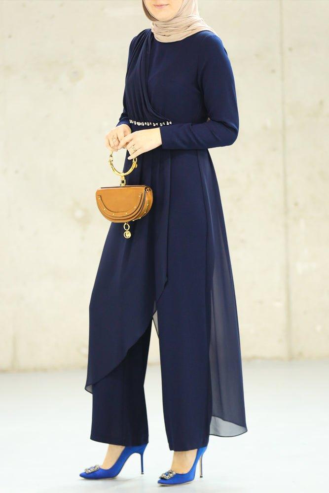 Flowing chiffon detail on navy blue modest jumpsuit
