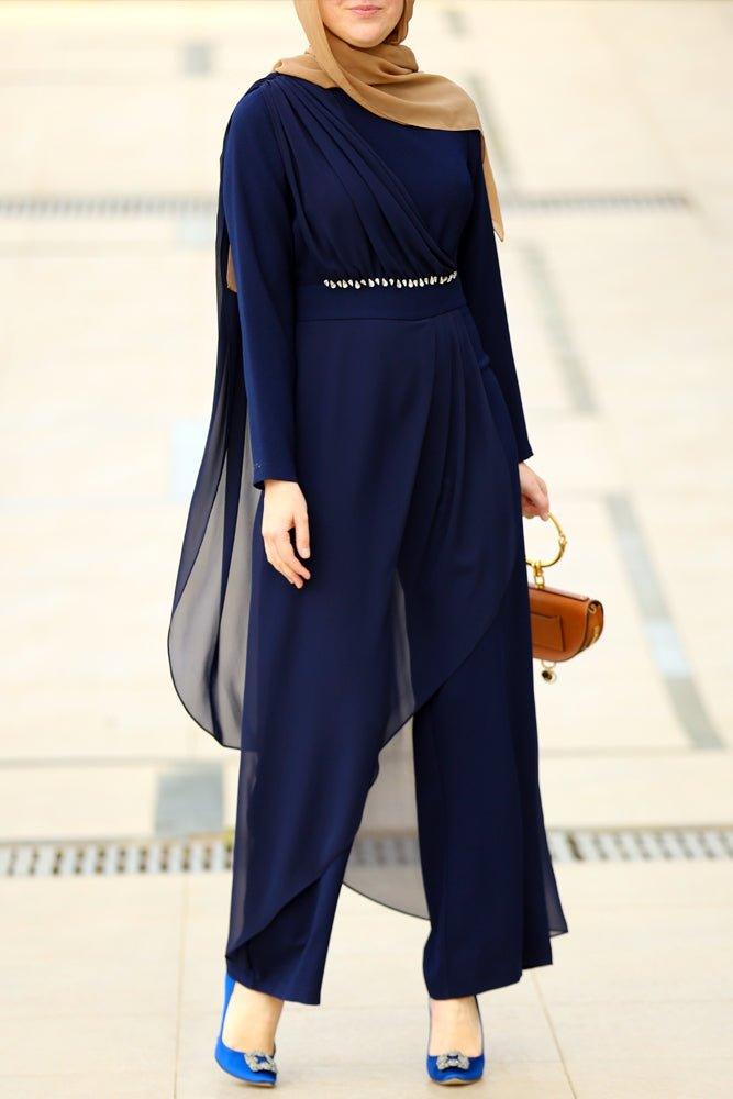 Chiffon skirt detail of navy blue modest jumpsuit
